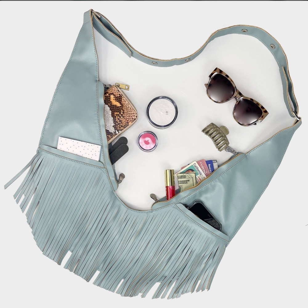 Sashbag Sash Bag Angel Falls faux leather full fringe crossbody bag light blue
